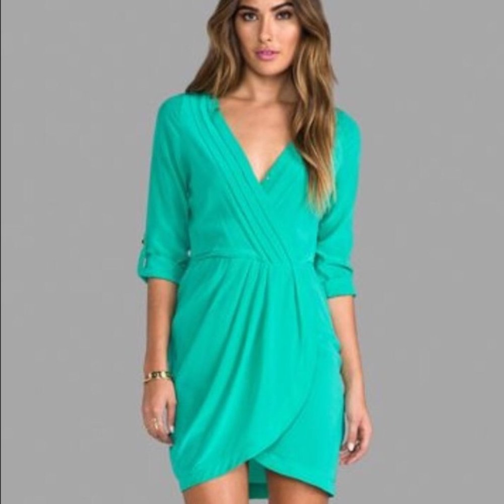 YUMI KIM Green 100% Silk Long Roll Sleeve Faux Wrap Mini Dress, Large